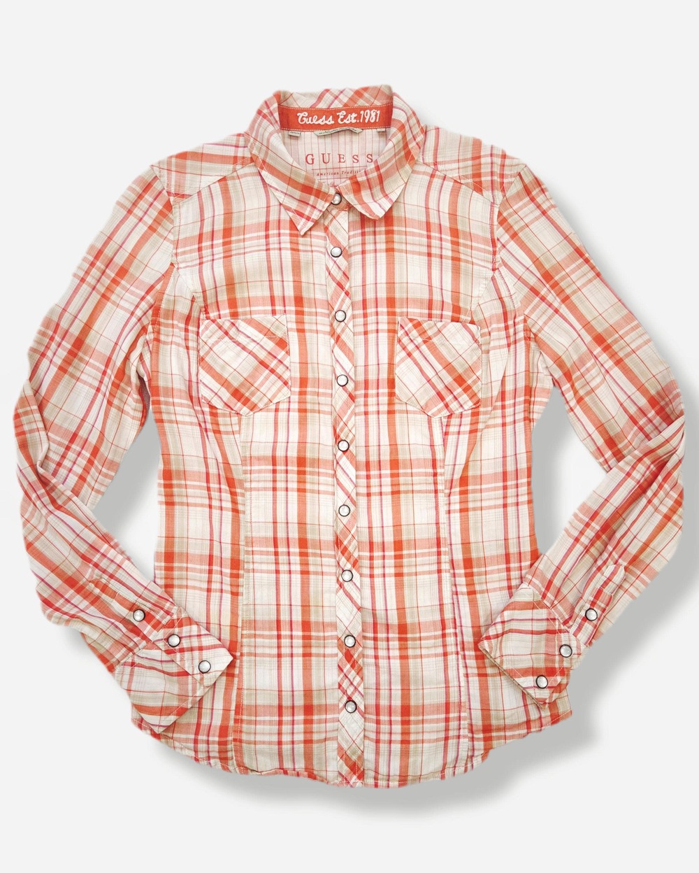 Guess Vintage Y2K western shirt | Pink‑orange plaid | Metal snaps | Fits S